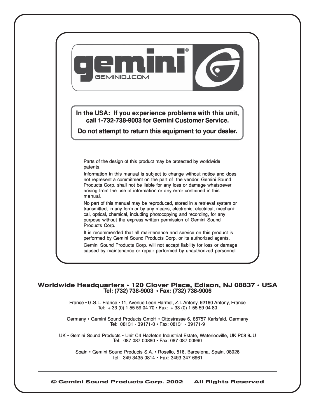 Gemini SA-2400 manual call 1-732-738-9003for Gemini Customer Service, Tel 732 738-9003 Fax 