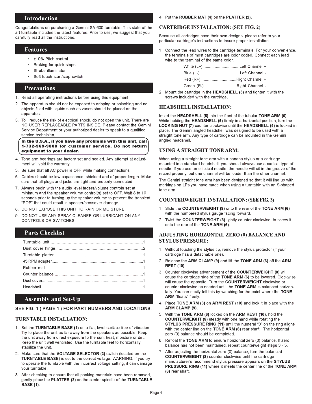 Gemini SA-600 manual Introduction, Features, Precautions, Parts Checklist, Assembly and Set-Up 