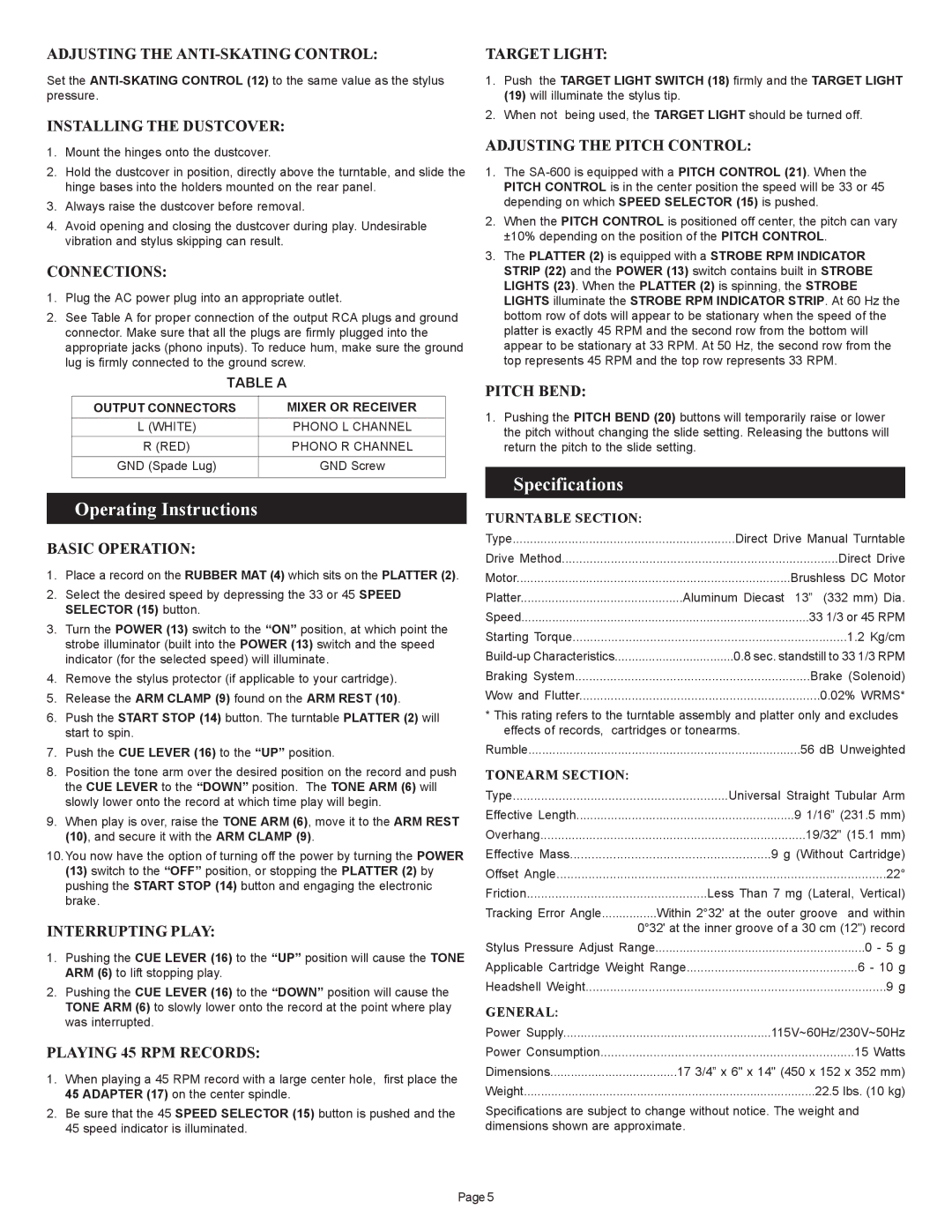 Gemini SA-600 manual Operating Instructions, Specifications 