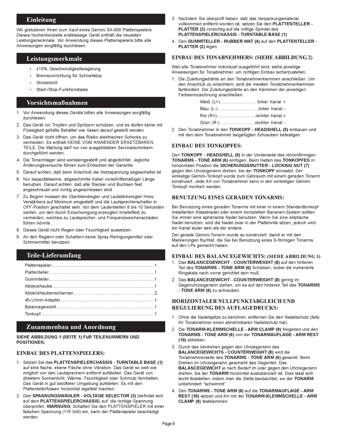 Gemini SA-600 manual Einleitung, Leistungsmerkmale, Vorsichtsmaßnahmen, Teile-Lieferumfang, Zusammenbau und Anordnung 