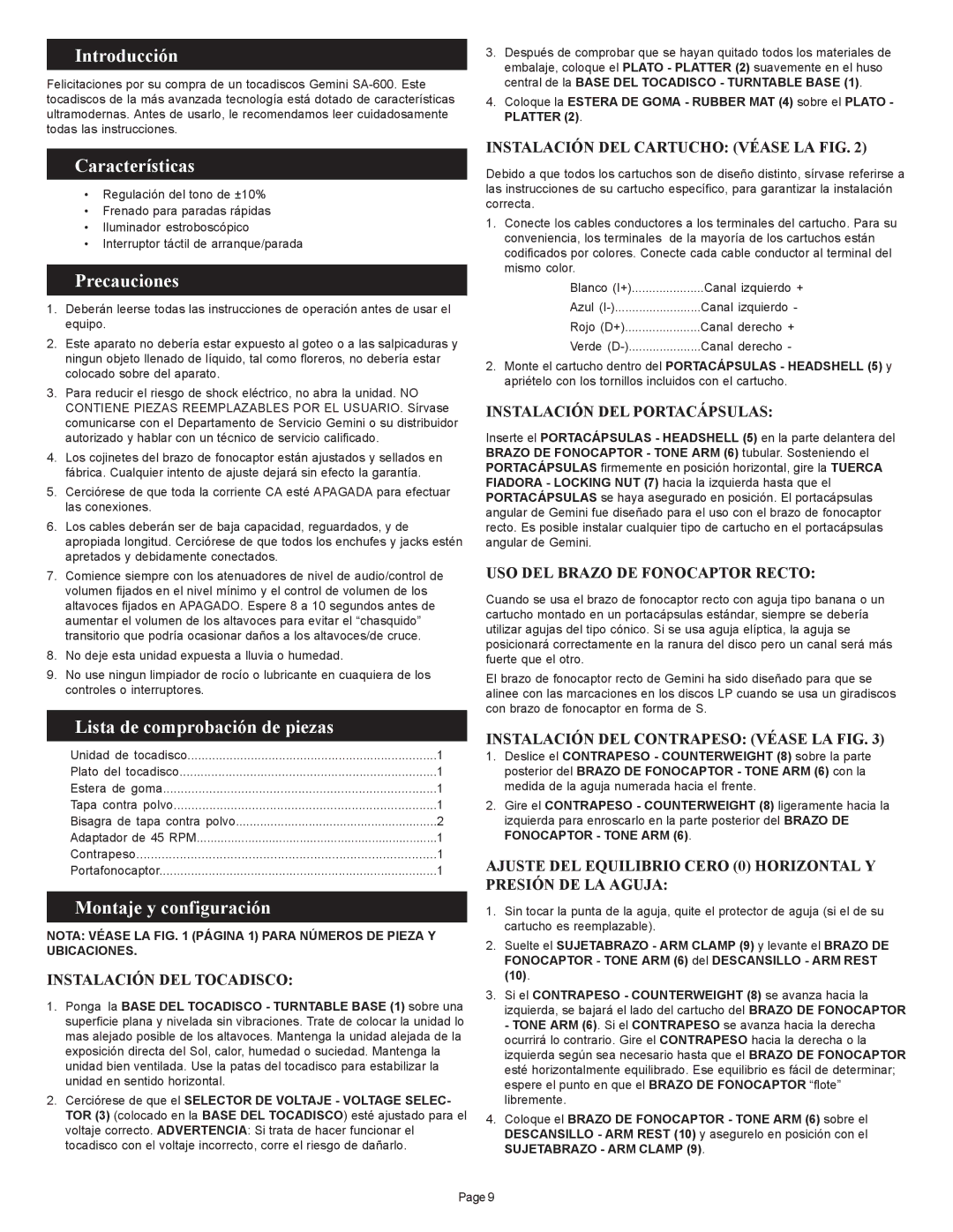 Gemini SA-600 manual Introducción, Características, Precauciones, Lista de comprobación de piezas, Montaje y configuración 