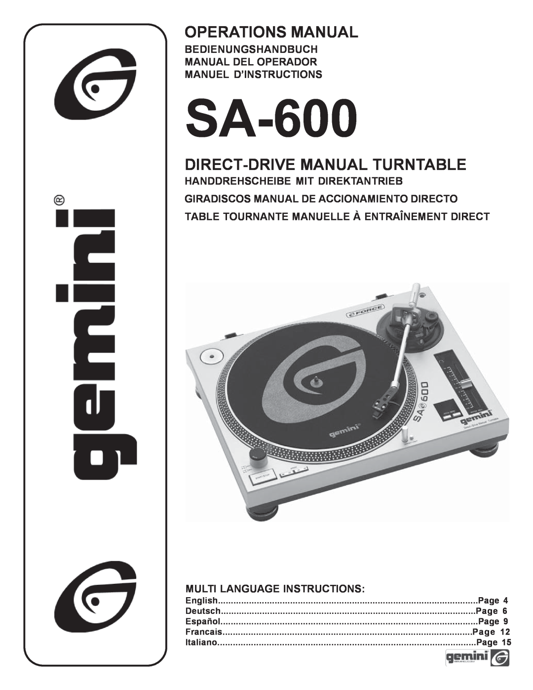 Gemini SA-600 manual Bedienungshandbuch Manual Del Operador, Manuel D’Instructions, Multi Language Instructions, English 