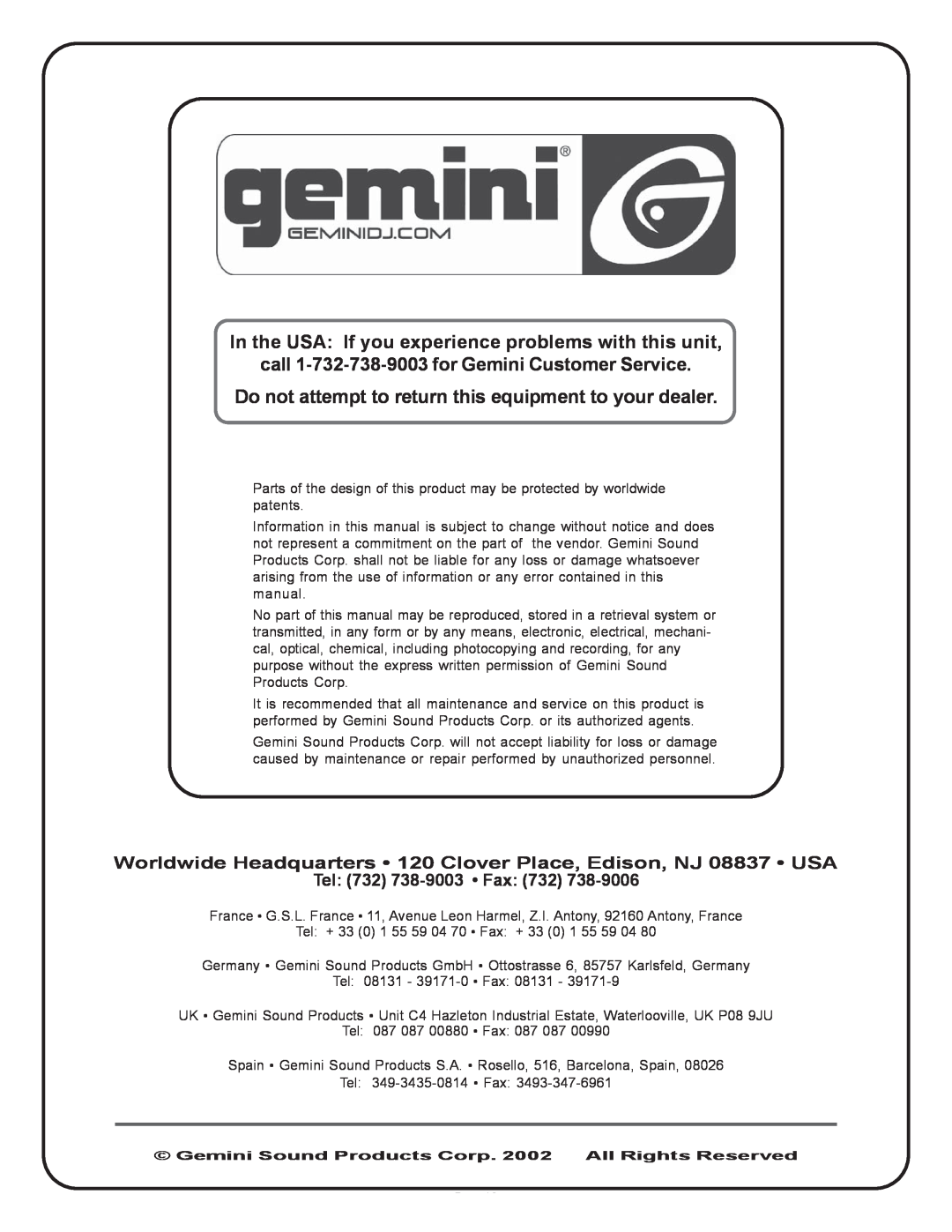 Gemini SA-600 manual call 1-732-738-9003for Gemini Customer Service, Tel 732 738-9003 Fax 