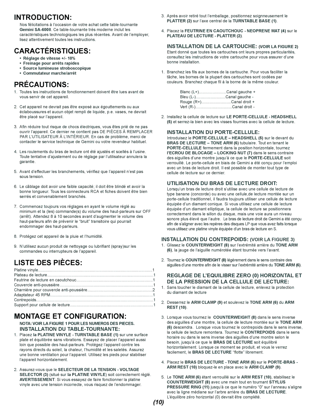 Gemini SA-600II manual Caractéristiques, Précautions, Liste DES Pièces, Montage ET Configuration 