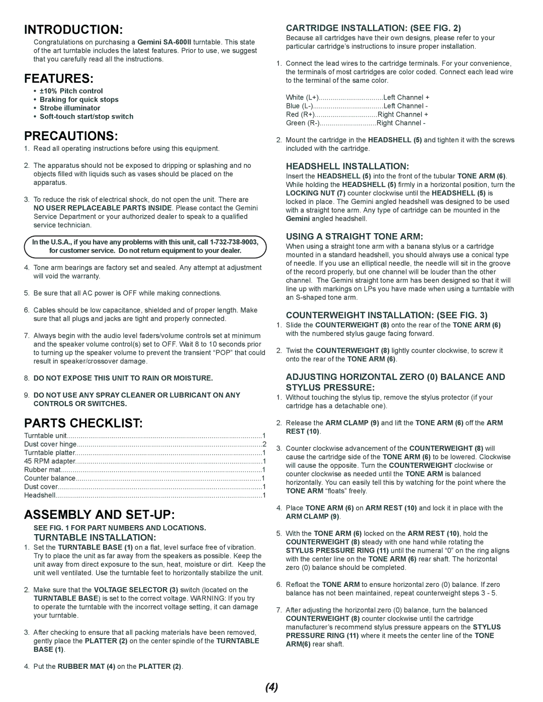 Gemini SA-600II manual Introduction, Features, Precautions, Parts Checklist, Assembly and SET-UP 