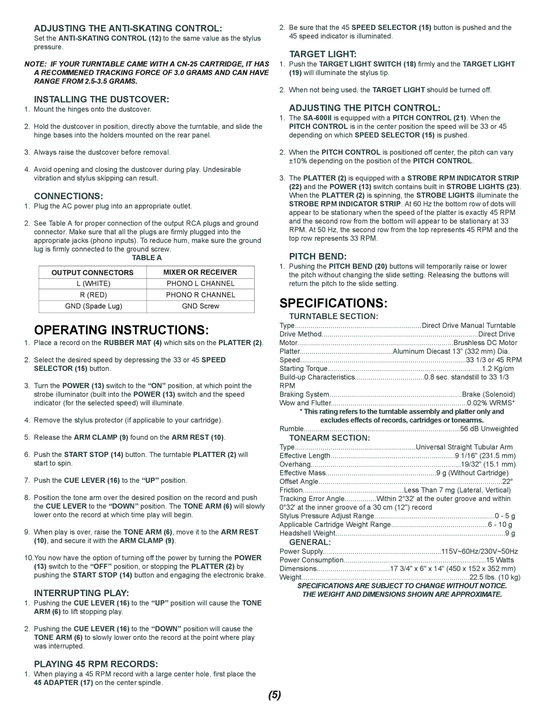 Gemini SA-600II manual Operating Instructions, Specifications 