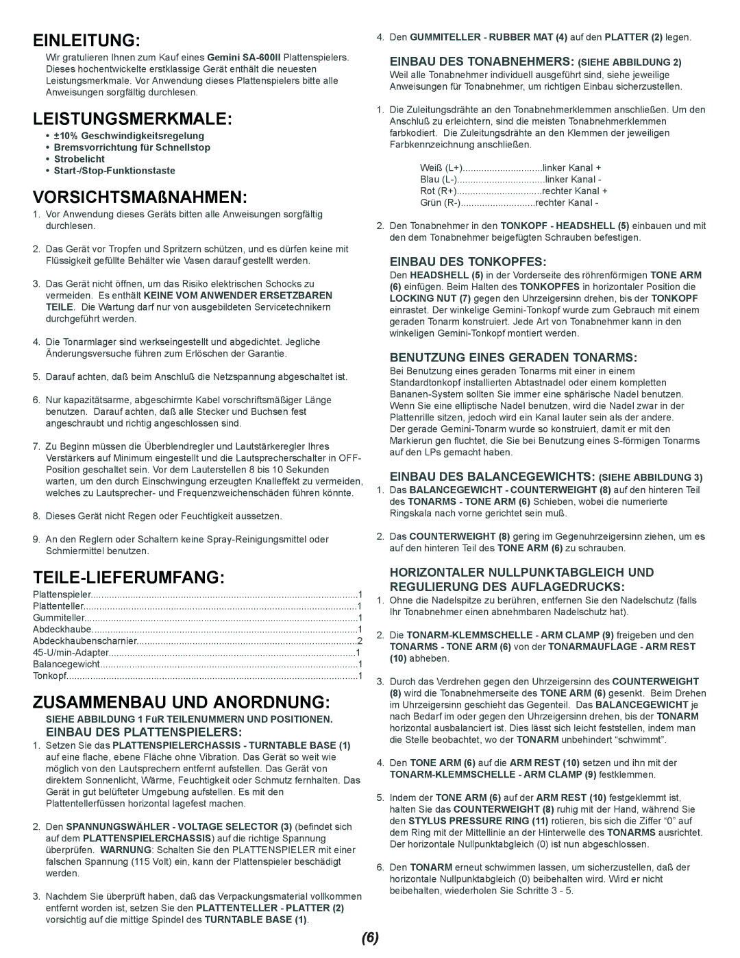 Gemini SA-600II manual Einleitung, Leistungsmerkmale, Teile-Lieferumfang, Zusammenbau UND Anordnung 