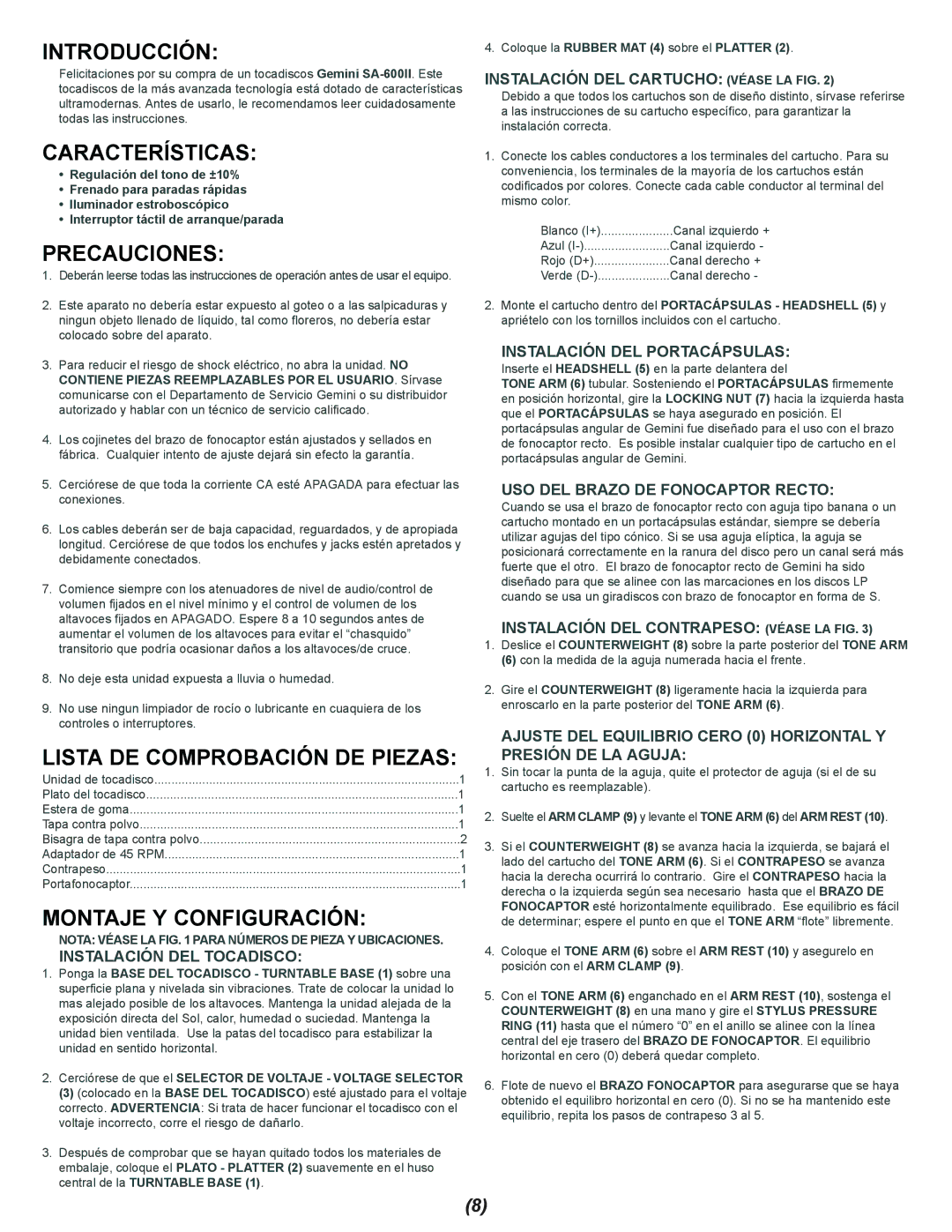 Gemini SA-600II Introducción, Características, Precauciones, Lista DE Comprobación DE Piezas, Montaje Y Configuración 