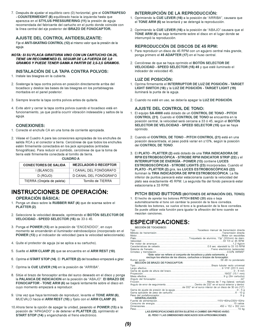 Gemini SA-600II manual Instrucciones DE Operación, Especificaciones 