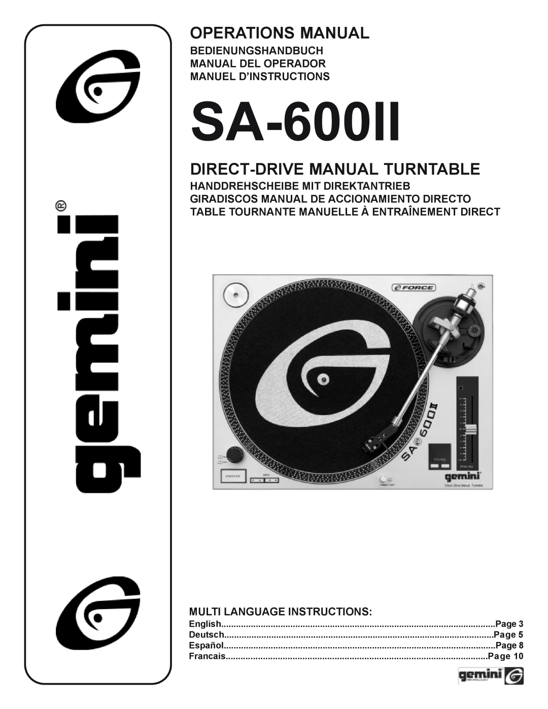 Gemini SA-600II manual Bedienungshandbuch Manual Del Operador, Manuel D’Instructions, Multi Language Instructions, Page 