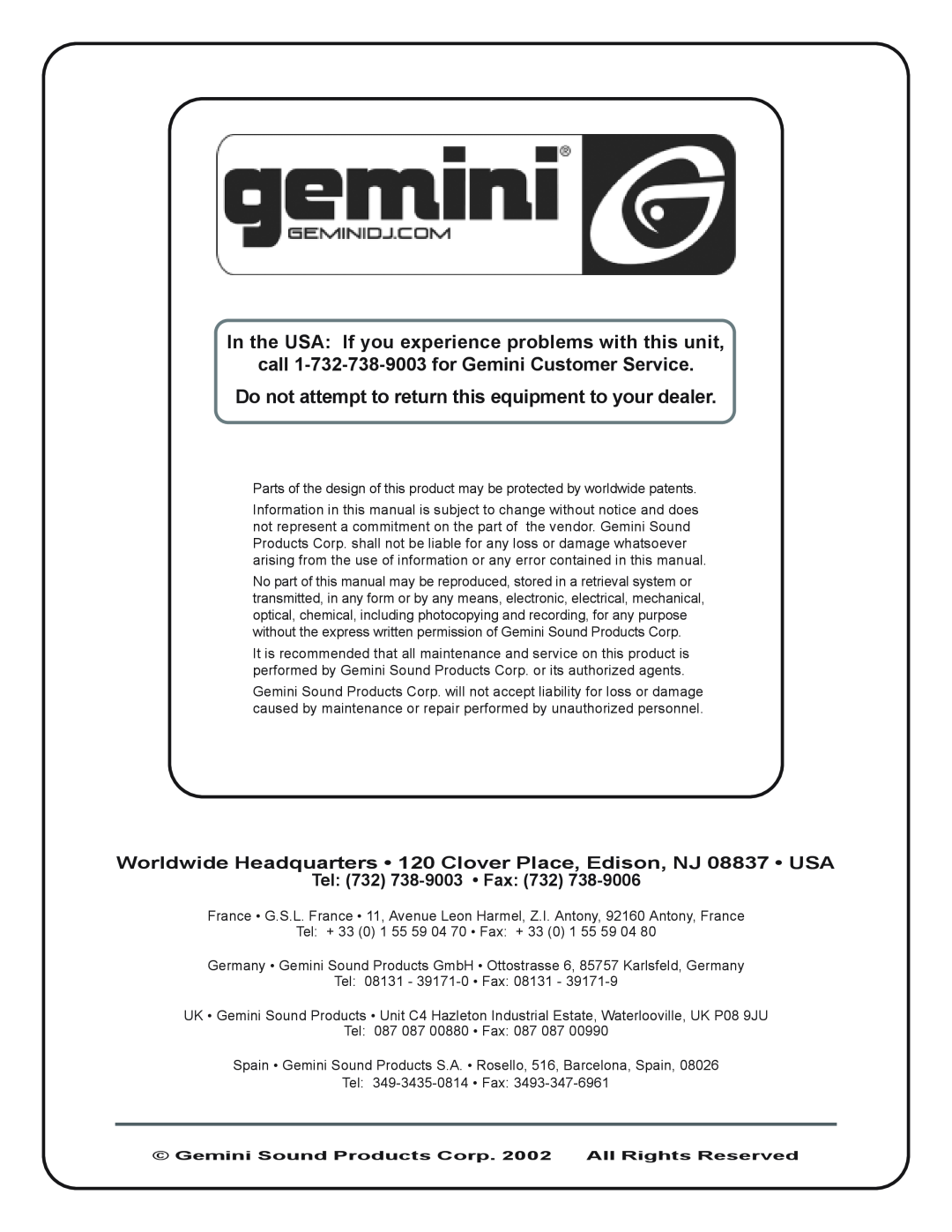 Gemini SA-600II manual call 1-732-738-9003for Gemini Customer Service, Tel 732 738-9003 Fax 