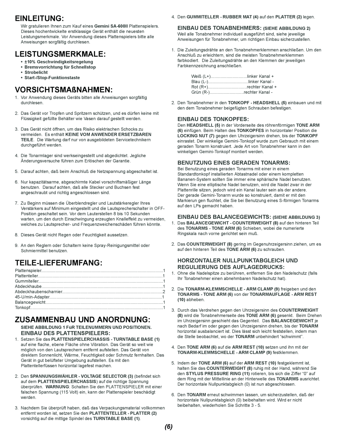 Gemini SA-600II manual Einleitung, Leistungsmerkmale, VORSICHTSMAßNAHMEN, Teile-Lieferumfang, Zusammenbau Und Anordnung 