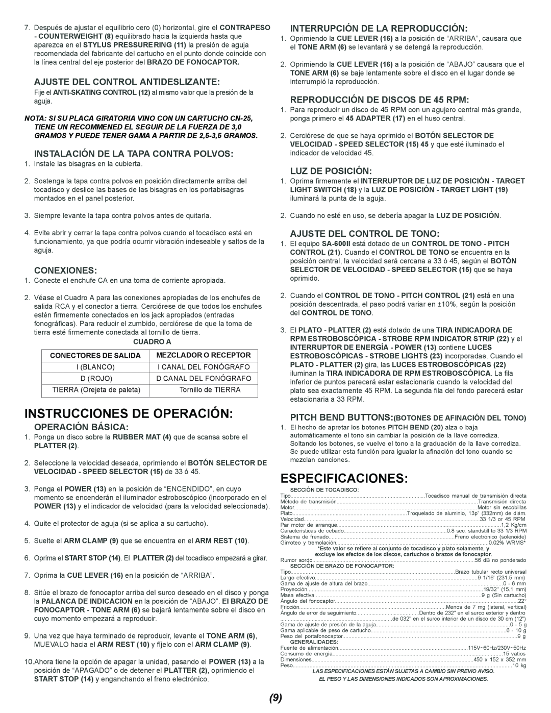 Gemini SA-600II manual Instrucciones De Operación, Especificaciones, Ajuste Del Control Antideslizante, Conexiones 