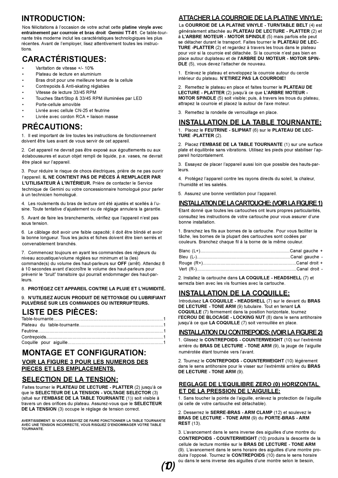 Gemini TT-01 manual Caractéristiques, Précautions, Liste DES Pièces, Montage ET Configuration 