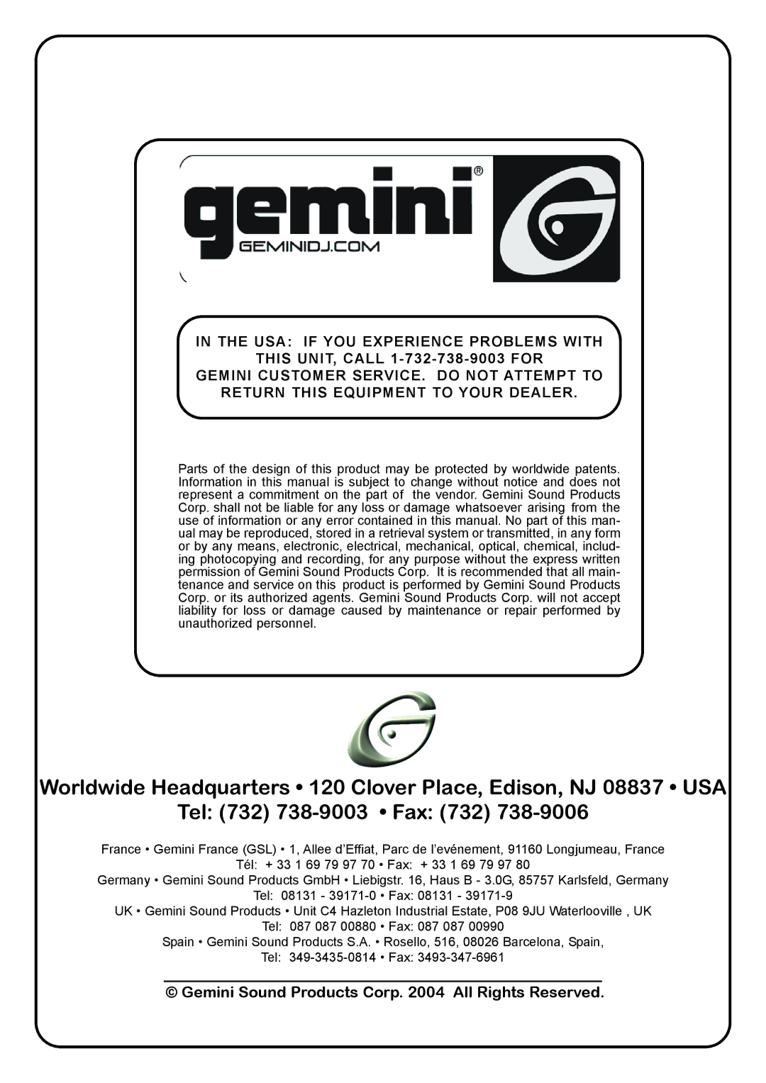 Gemini TT-01 manual USA if YOU Experience Problems with 