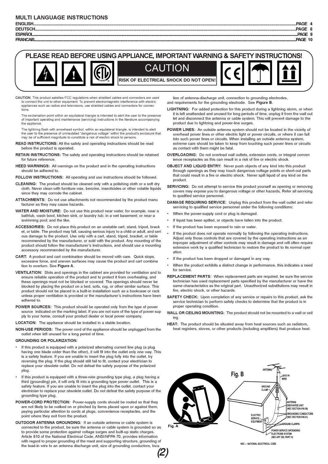 Gemini TT-01 manual Multi Language Instructions, Risk of Electrical Shock do not Open 