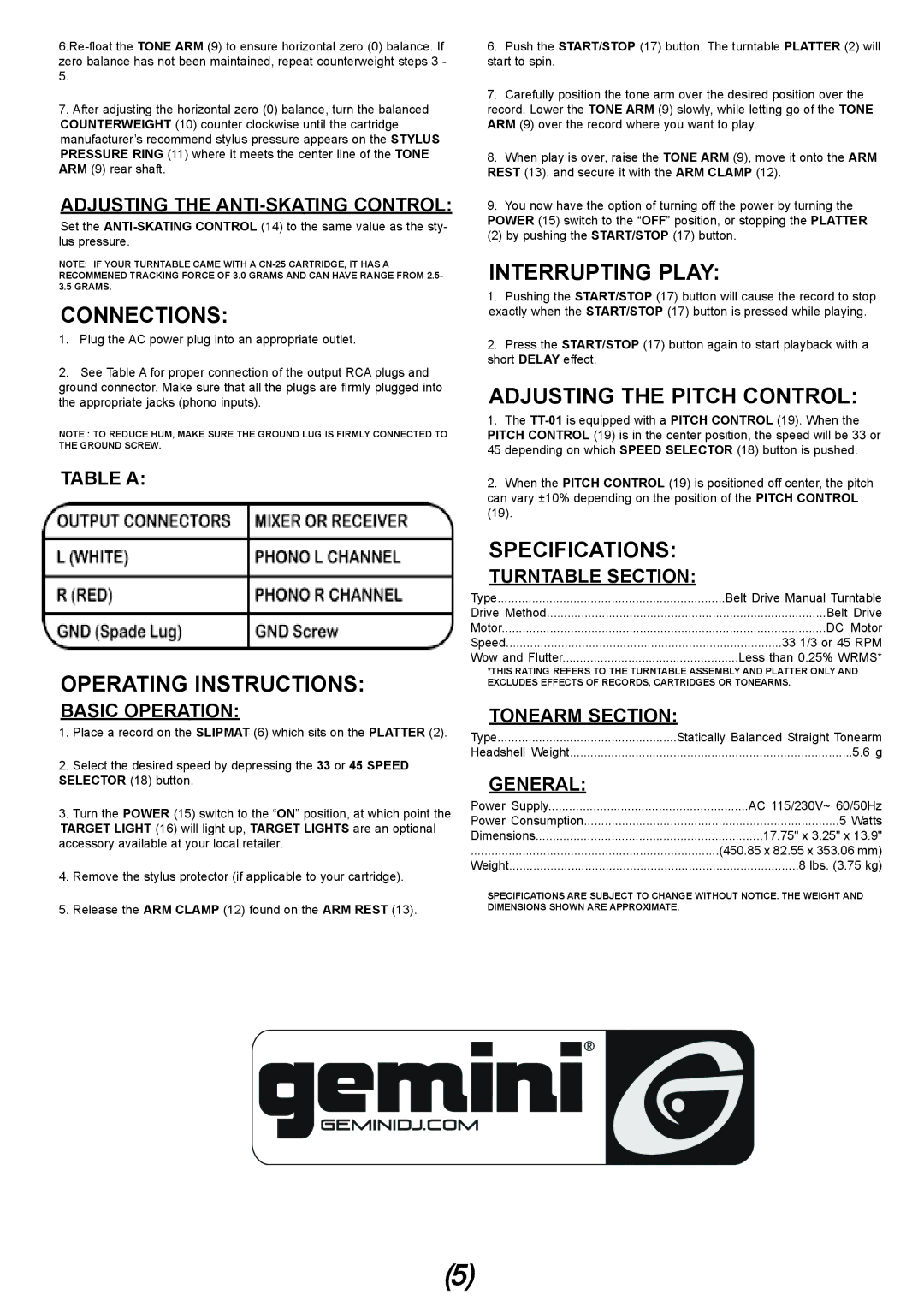 Gemini TT-01 manual Connections, Operating Instructions, Interrupting Play, Adjusting the Pitch Control, Specifications 