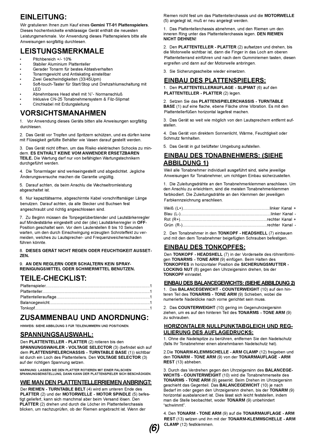 Gemini TT-01 manual Einleitung, Leistungsmerkmale, Vorsichtsmanahmen, Teile-Checklist, Zusammenbau UND Anordnung 