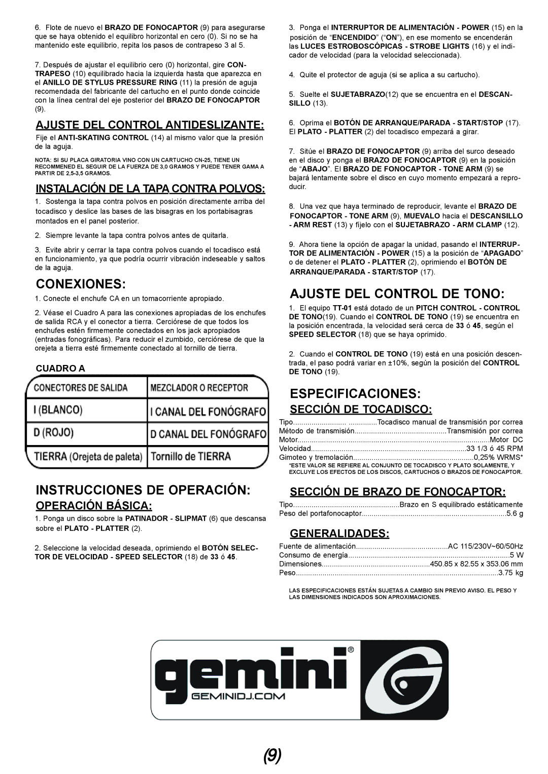 Gemini TT-01 manual Conexiones, Ajuste DEL Control DE Tono, Instrucciones DE Operación, Especificaciones 