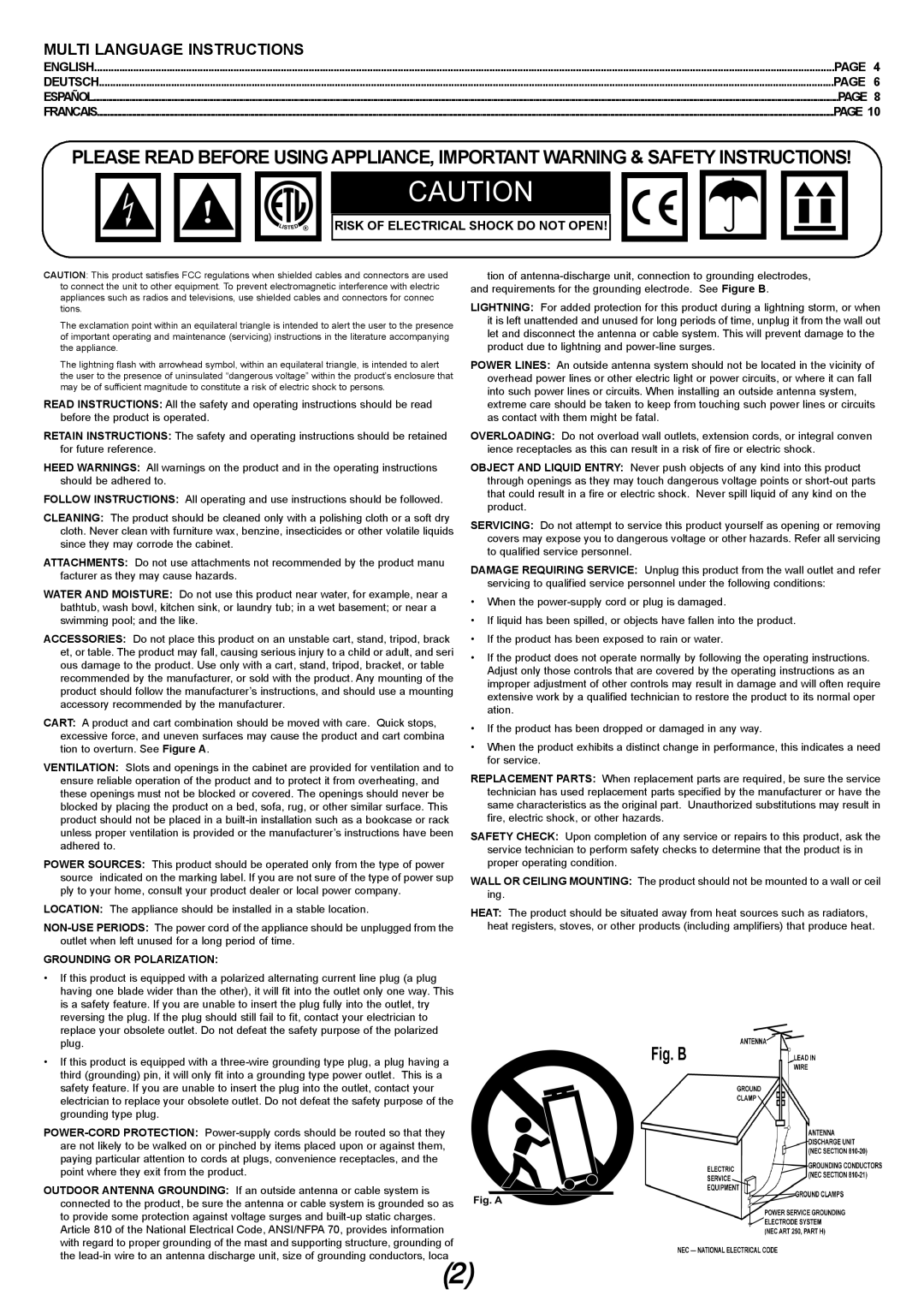 Gemini TT-01 manual Multi Language Instructions, Page, Risk Of Electrical Shock Do Not Open, Grounding Or Polarization 