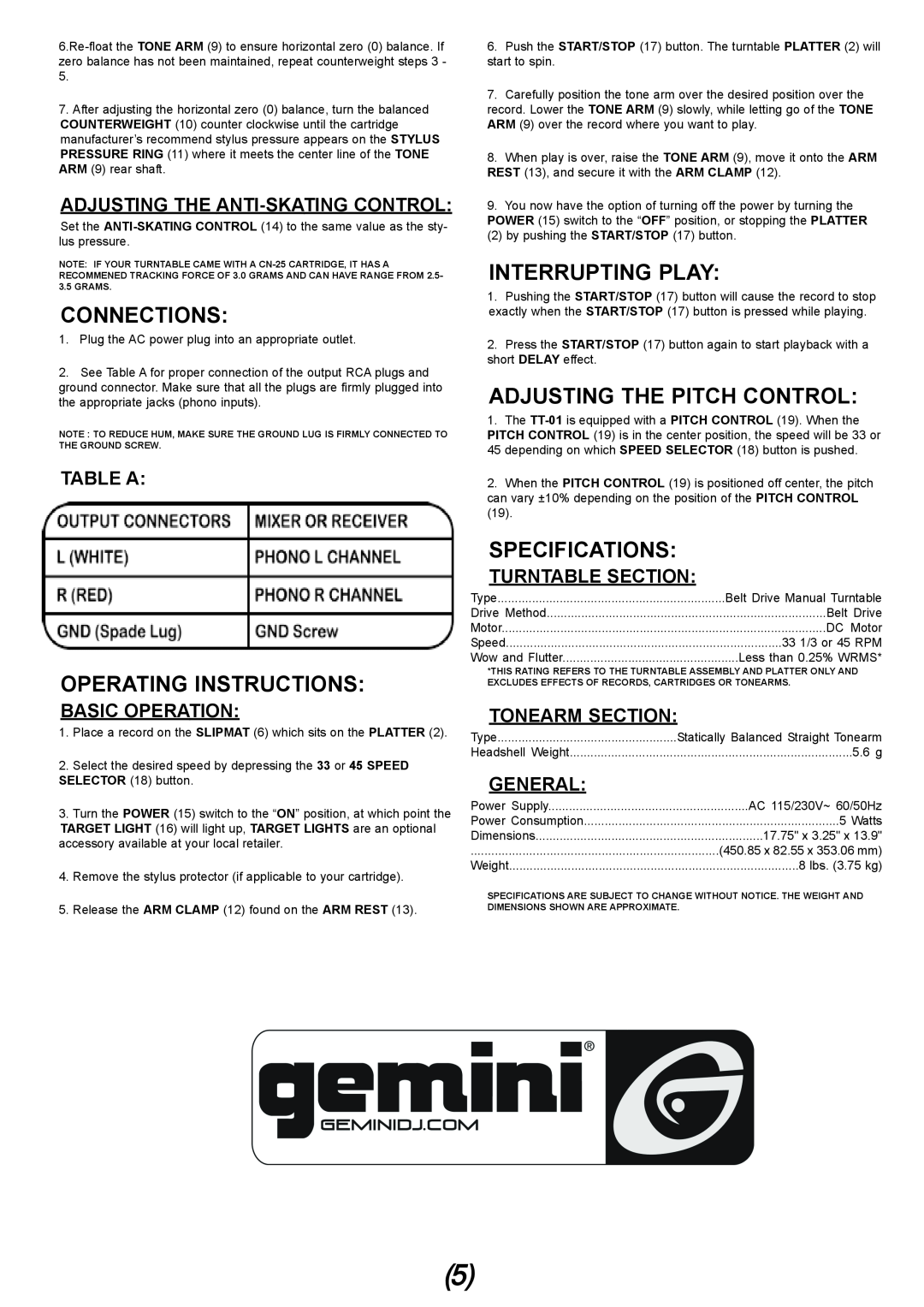 Gemini TT-01 Connections, Operating Instructions, Interrupting Play, Adjusting The Pitch Control, Specifications, Table A 