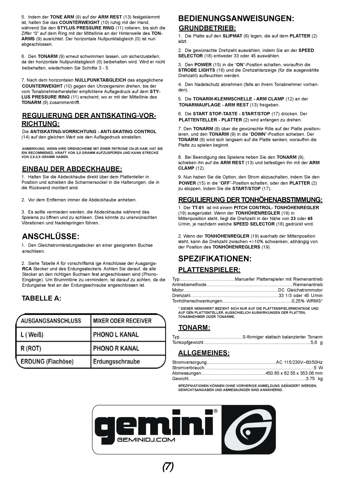 Gemini TT-01 manual Anschlüsse, Bedienungsanweisungen, Spezifikationen, Regulierung Der Antiskating-Vor-Richtung, Tabelle A 