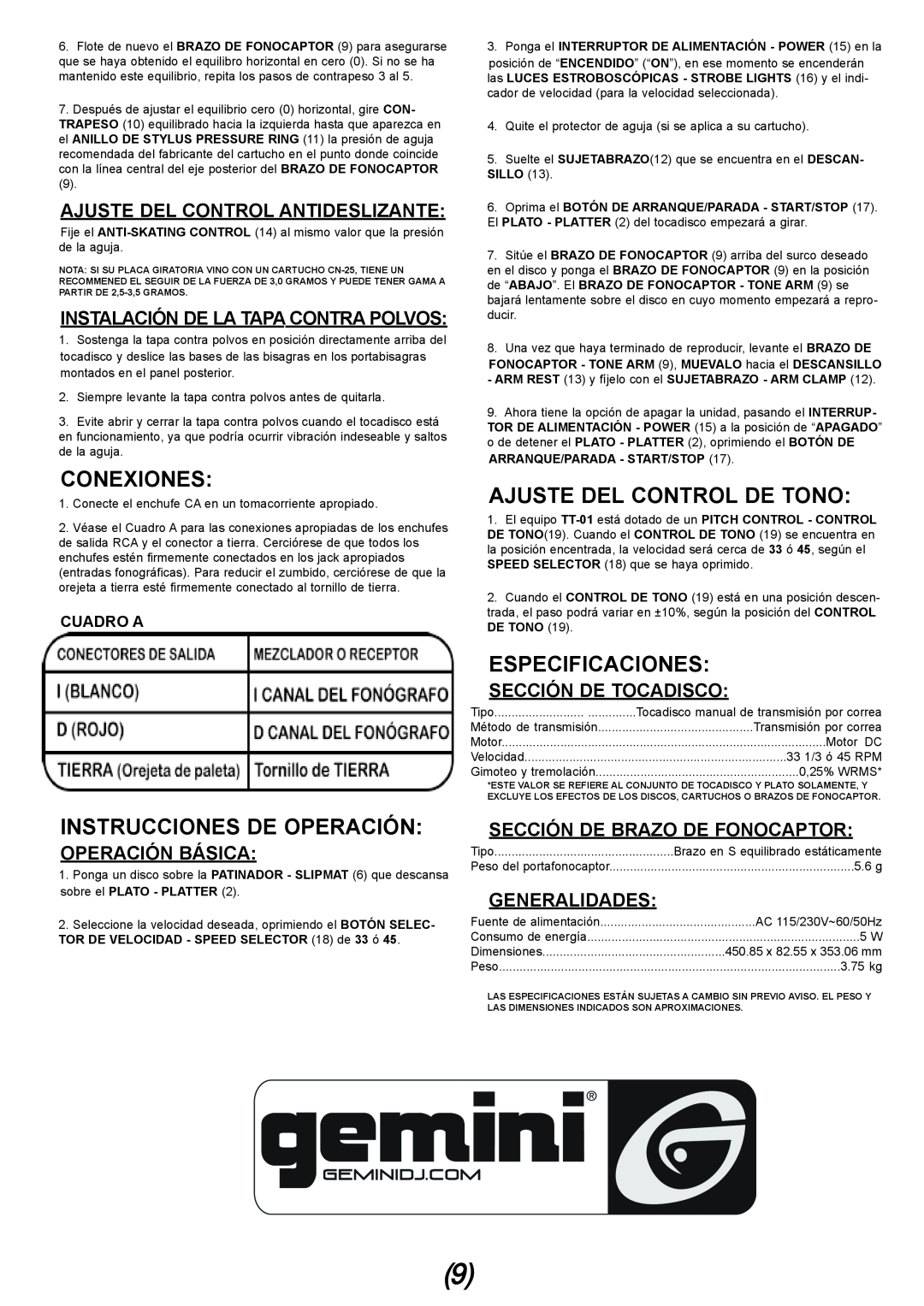 Gemini TT-01 manual Conexiones, Ajuste Del Control De Tono, Instrucciones De Operación, Especificaciones, Operación Básica 
