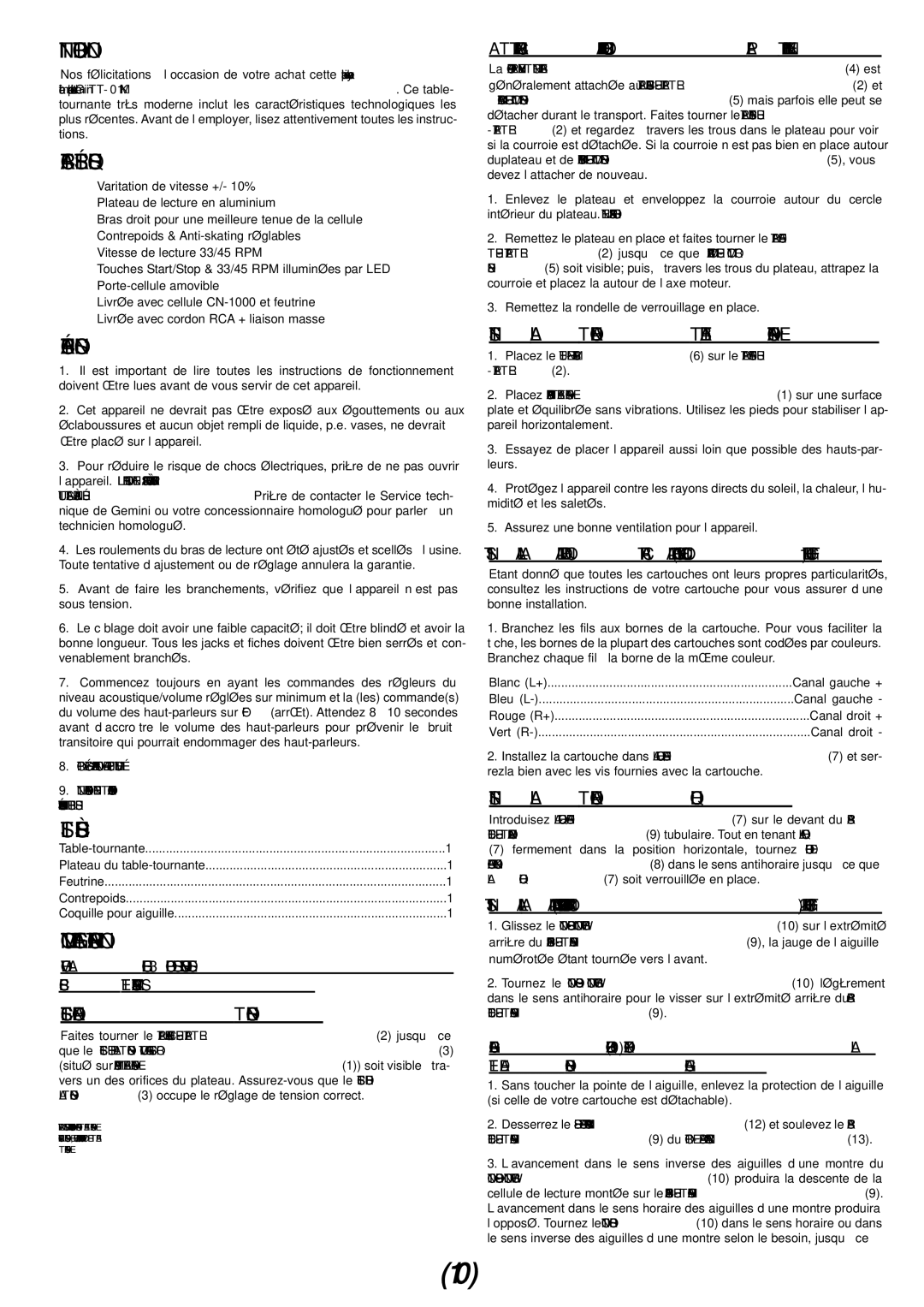 Gemini TT-01mkii manual Caractéristiques, Précautions, Liste DES Pièces, Montage ET Configuration 