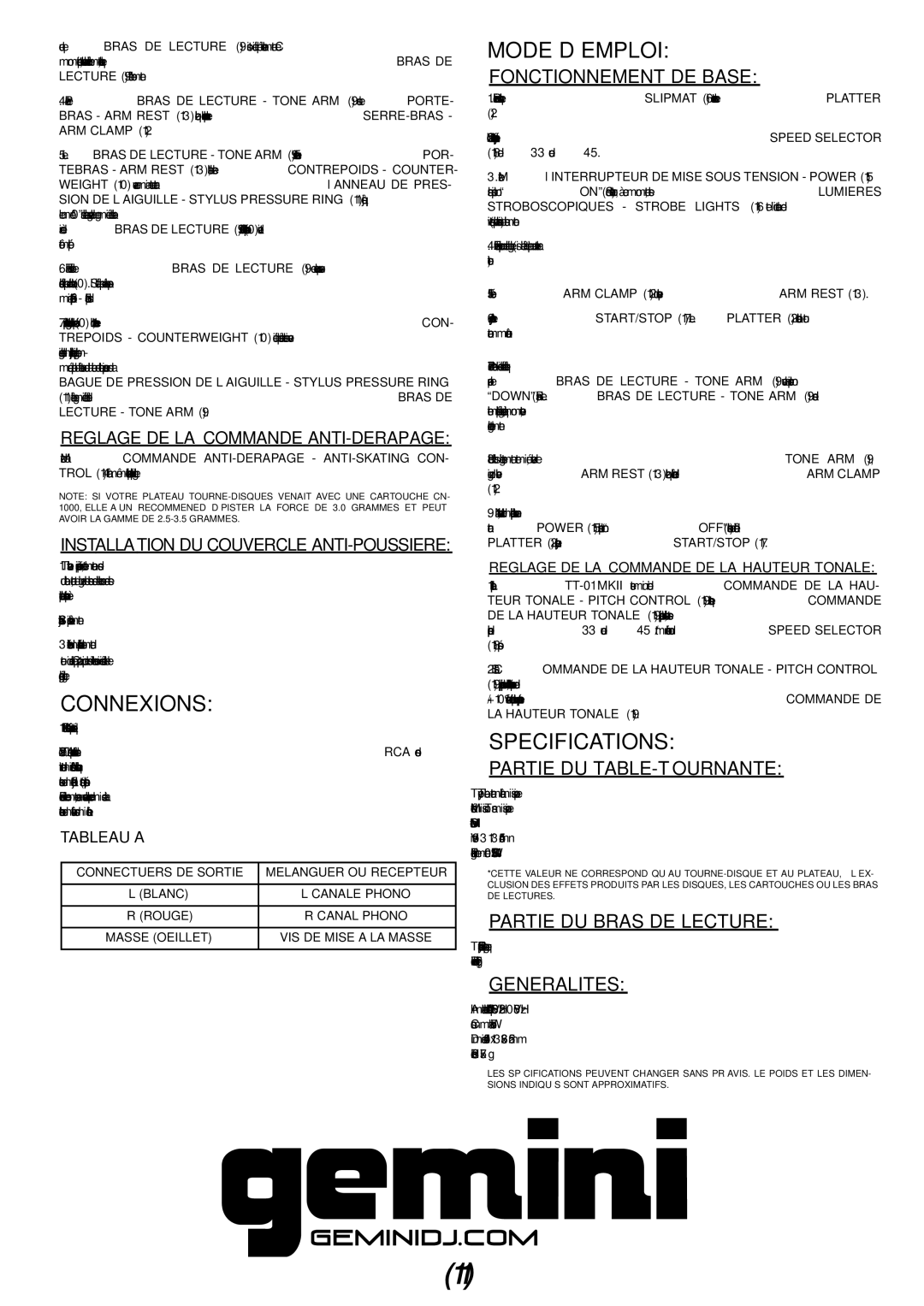 Gemini TT-01mkii manual Connexions, Mode D’EMPLOI 