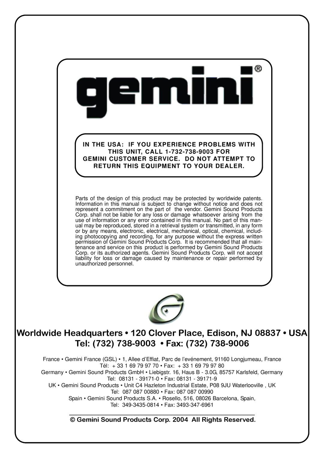 Gemini TT-01mkii manual USA if YOU Experience Problems with 