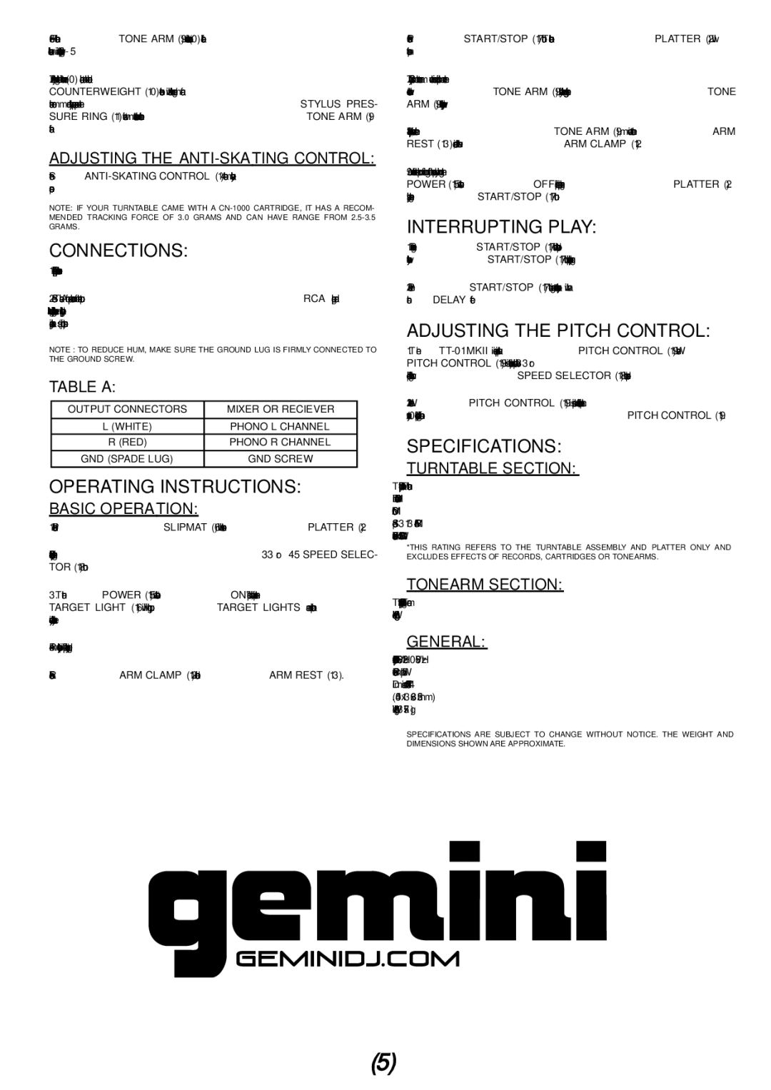 Gemini TT-01mkii manual Connections, Operating Instructions, Interrupting Play, Adjusting the Pitch Control, Specifications 