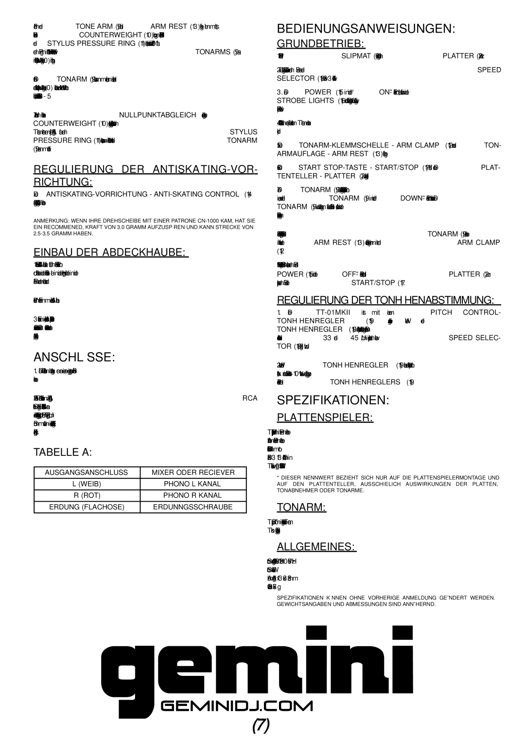 Gemini TT-01mkii manual Anschlüsse, Bedienungsanweisungen, Spezifikationen 