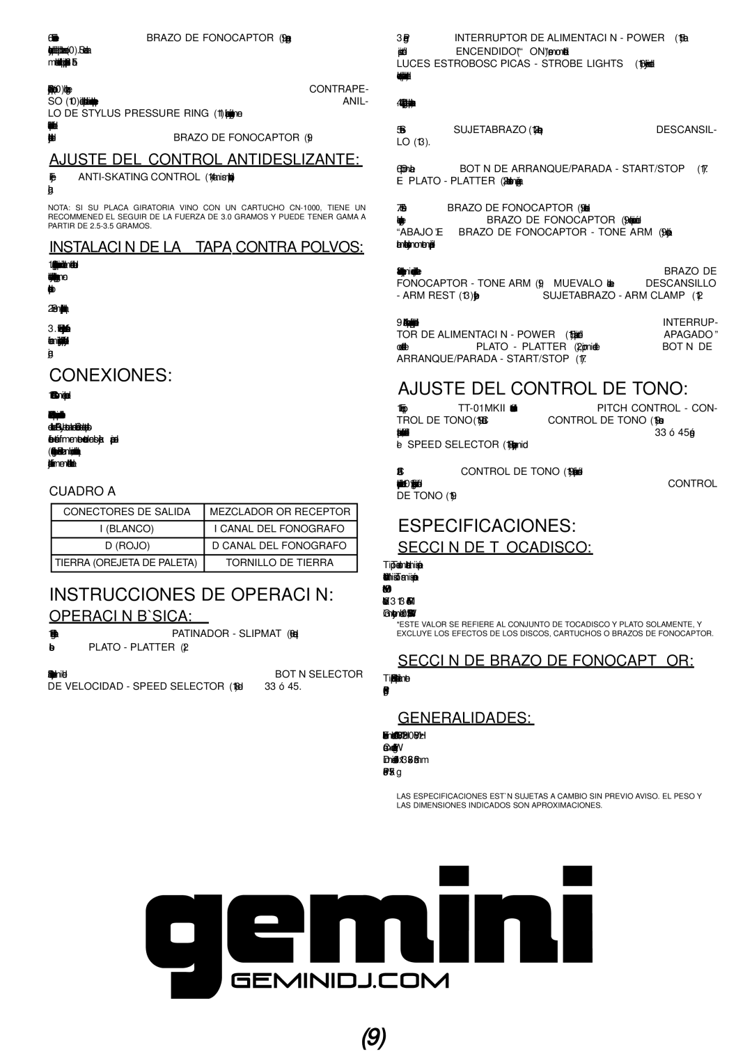 Gemini TT-01mkii manual Conexiones, Instrucciones DE Operación, Ajuste DEL Control DE Tono, Especificaciones 