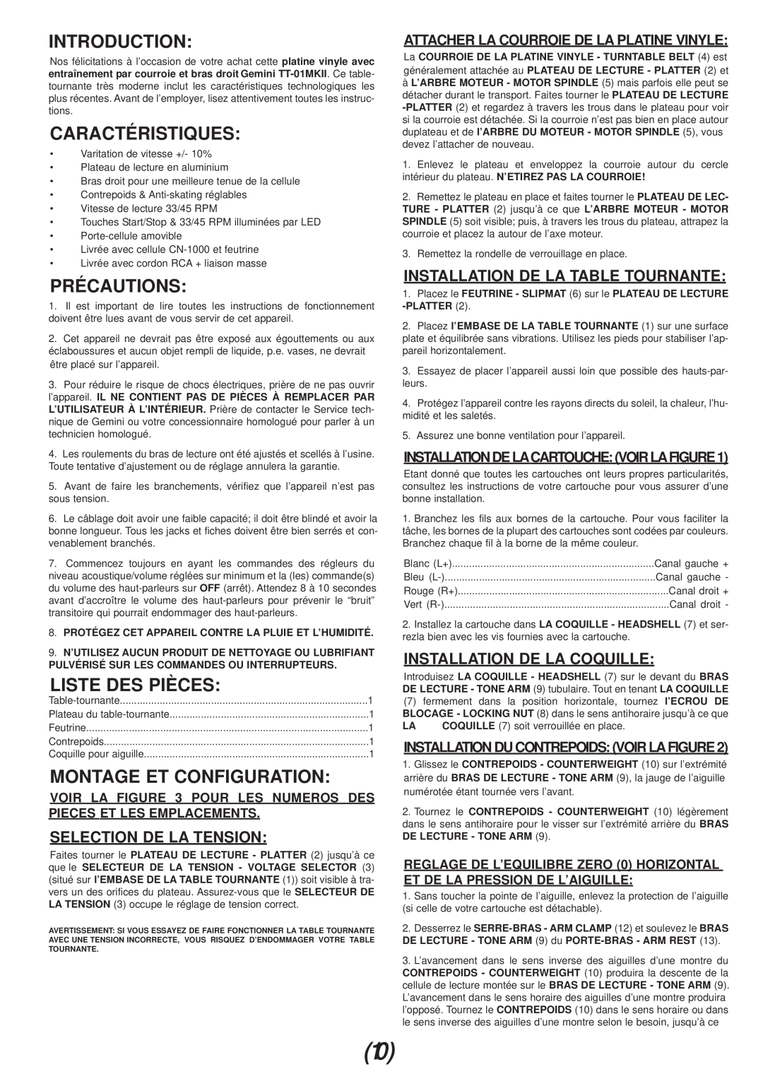 Gemini TT-01mkii manual Caractéristiques, Précautions, Liste Des Pièces, Montage Et Configuration, Selection De La Tension 