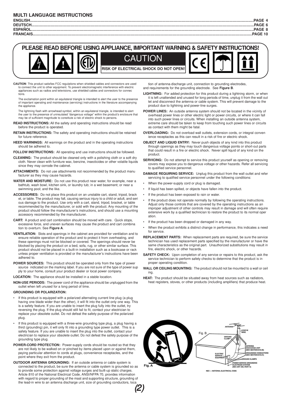 Gemini TT-01mkii manual Multi Language Instructions, Page, Risk Of Electrical Shock Do Not Open, Francais 