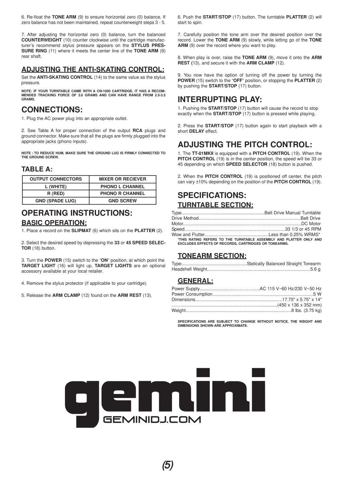 Gemini TT-01mkii manual Connections, Operating Instructions, Interrupting Play, Adjusting The Pitch Control, Specifications 