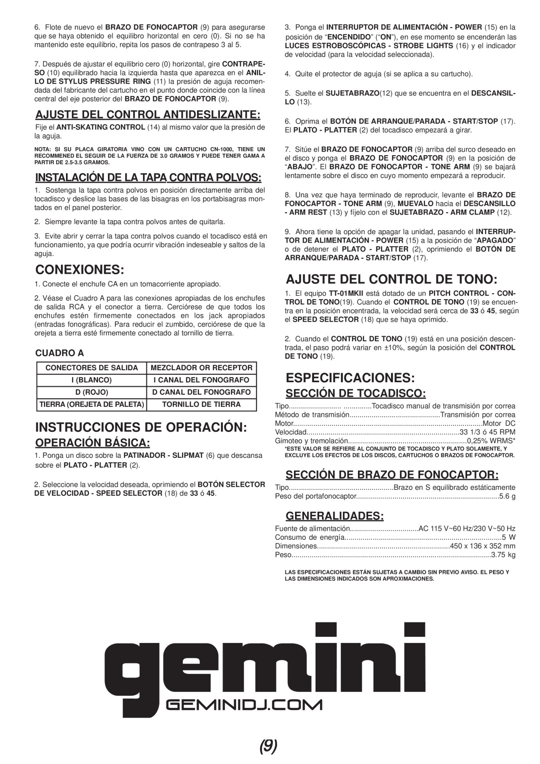 Gemini TT-01mkii Conexiones, Instrucciones De Operación, Ajuste Del Control De Tono, Especificaciones, Operación Básica 