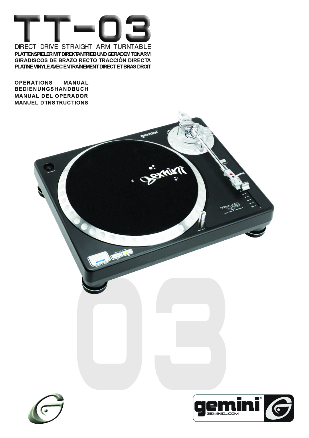 Gemini TT-03 manual Direct Drive Straight ARM Turntable 