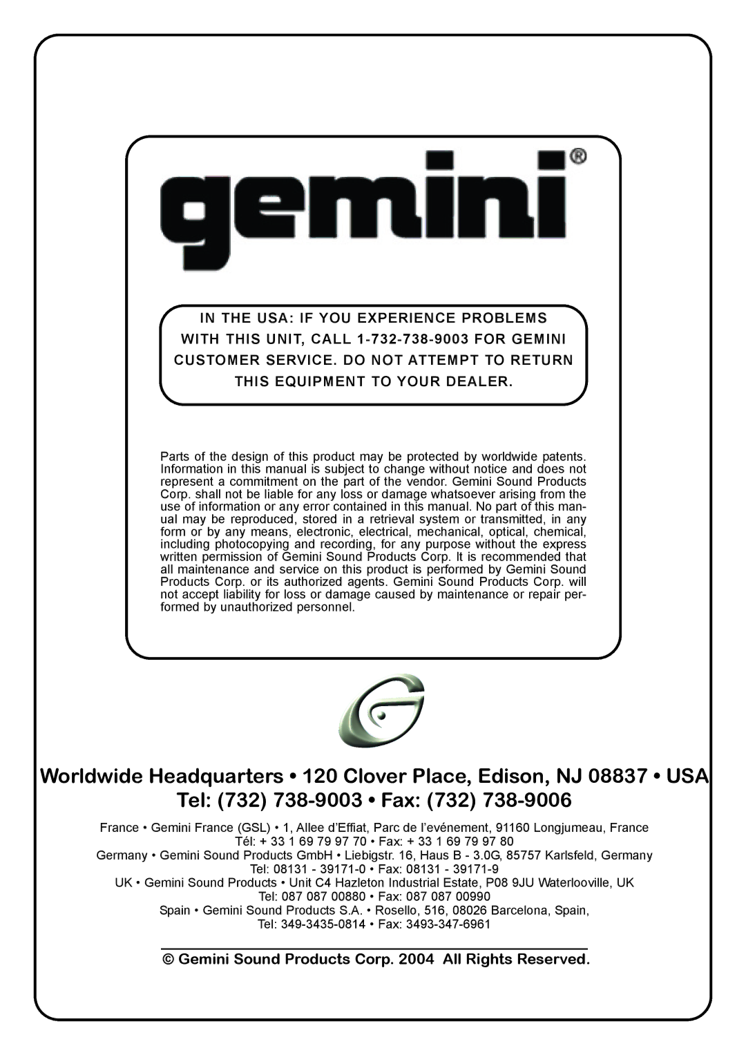 Gemini TT-03 manual Tel 732 738-9003 Fax 732 