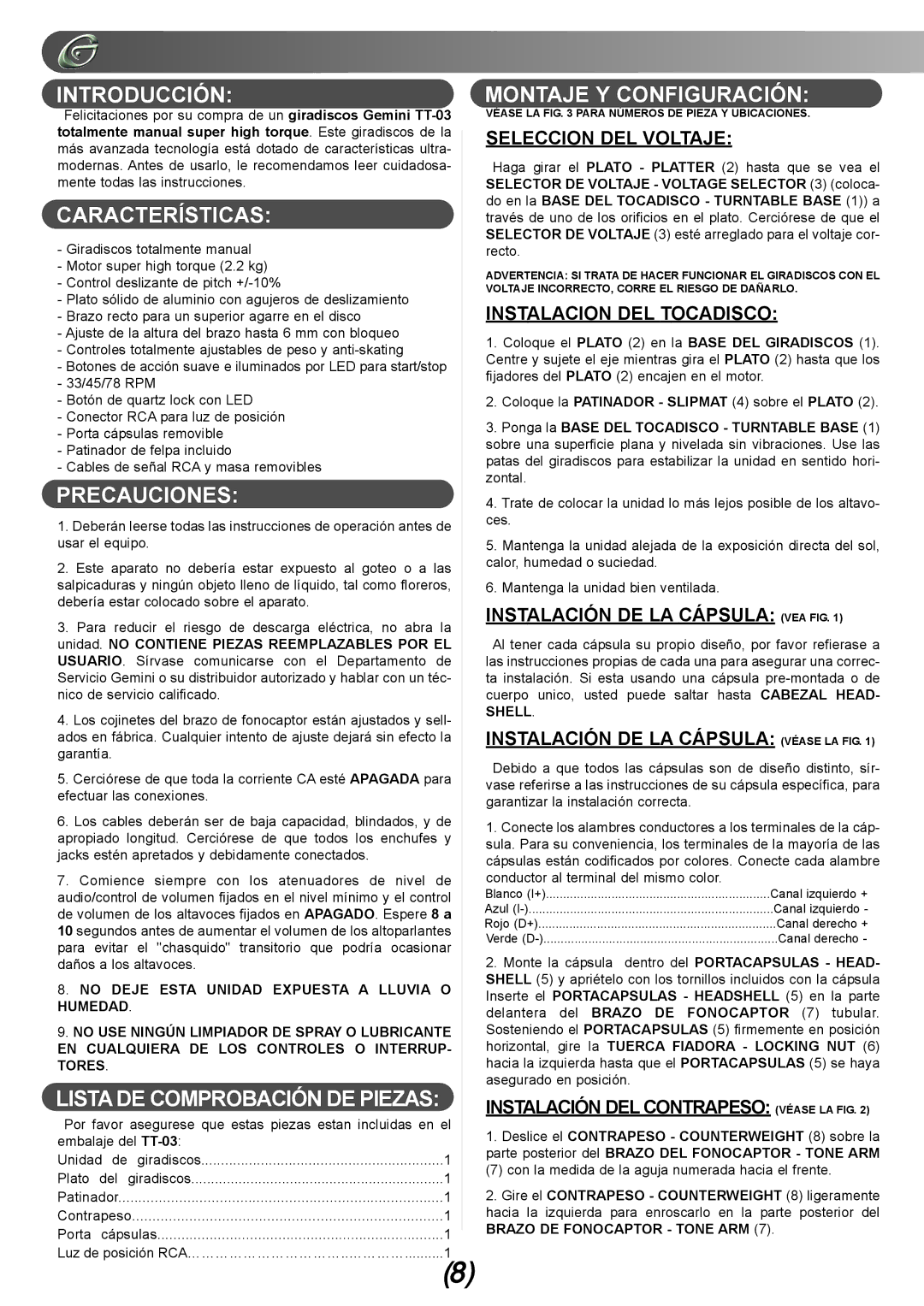 Gemini TT-03 manual Introducción, Características, Precauciones, Listade Comprobación DE Piezas, Montaje Y Configuración 