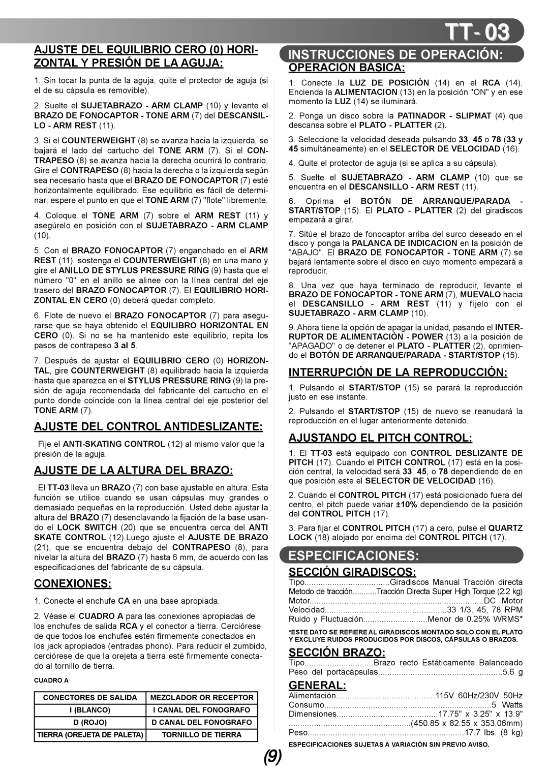 Gemini TT-03 manual Instrucciones DE Operación, Especificaciones 