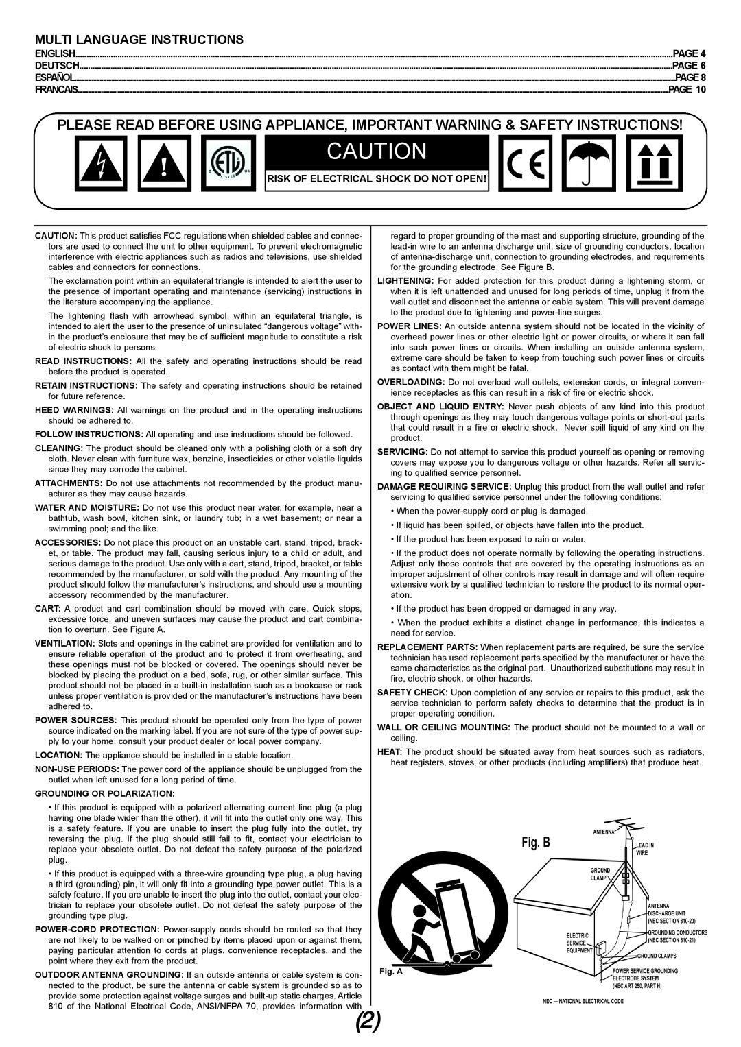 Gemini TT-03 manual Multi Language Instructions, Page, Risk Of Electrical Shock Do Not Open 