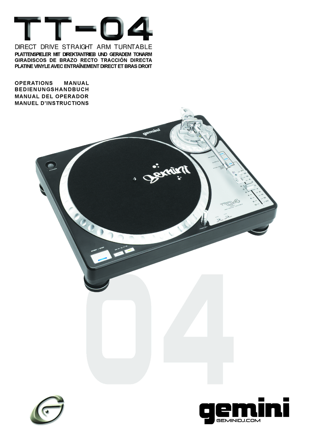 Gemini TT-04 manual Direct Drive Straight ARM Turntable 