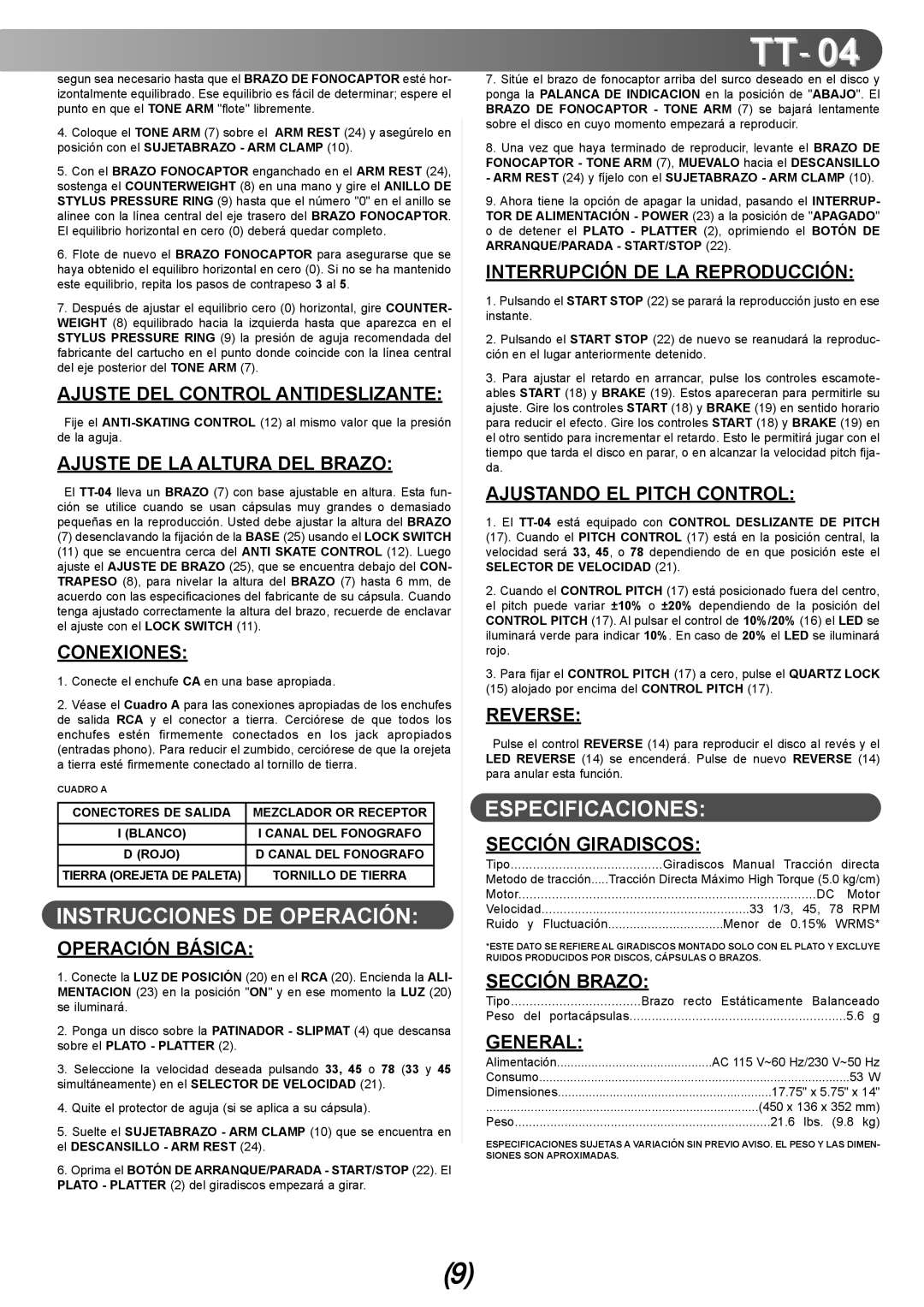 Gemini TT-04 manual Instrucciones DE Operación, Especificaciones 