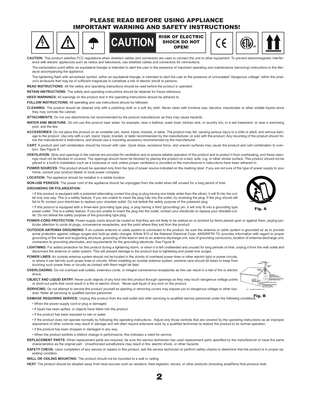 Gemini TT-1100 USB, TT-1000 manual Risk of Electric Open 