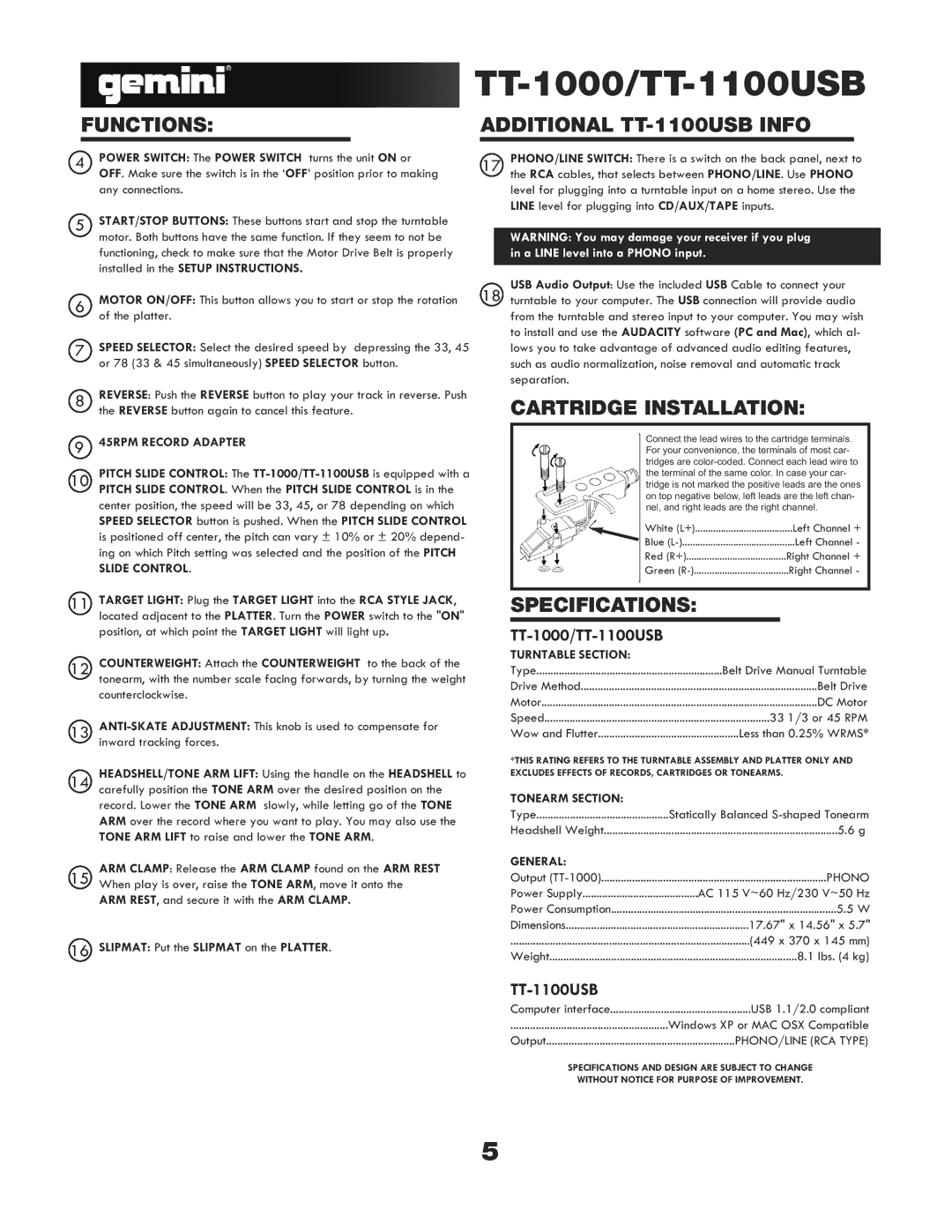 Gemini TT-1000, TT-1100 USB manual Functions, Additional TT-1100USB Info, Cartridge Installation, Specifications 
