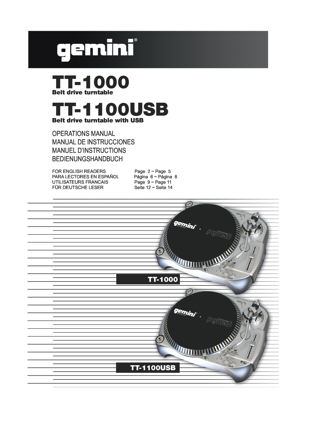 Gemini TT-1000 manual TT-1100USB, Belt drive turntable with USB, For English Readers, Page 2 ~ Page, Página 6 ~ Página 