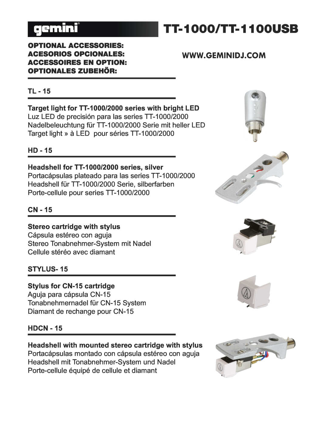 Gemini TT-1100 USB manual TT-1000/TT-1100USB, Optional Accessories 