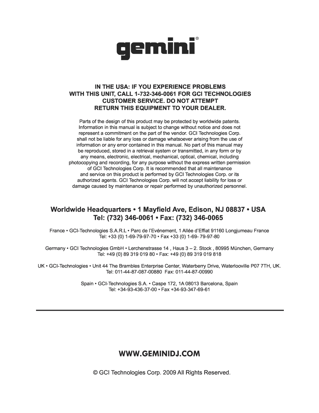 Gemini TT-1000, TT-1100 USB manual In The Usa If You Experience Problems, Customer Service. Do Not Attempt 