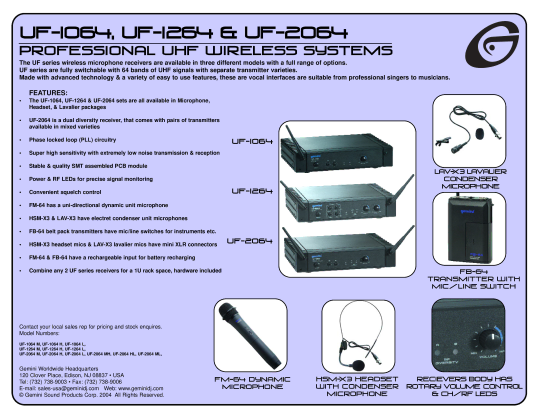 Gemini UF-1264 manual UF-I064, uf-i264 & uf-2064, PRofessional UHF wireless systems, Features, UF-i064 UF-i264 UF-2064 